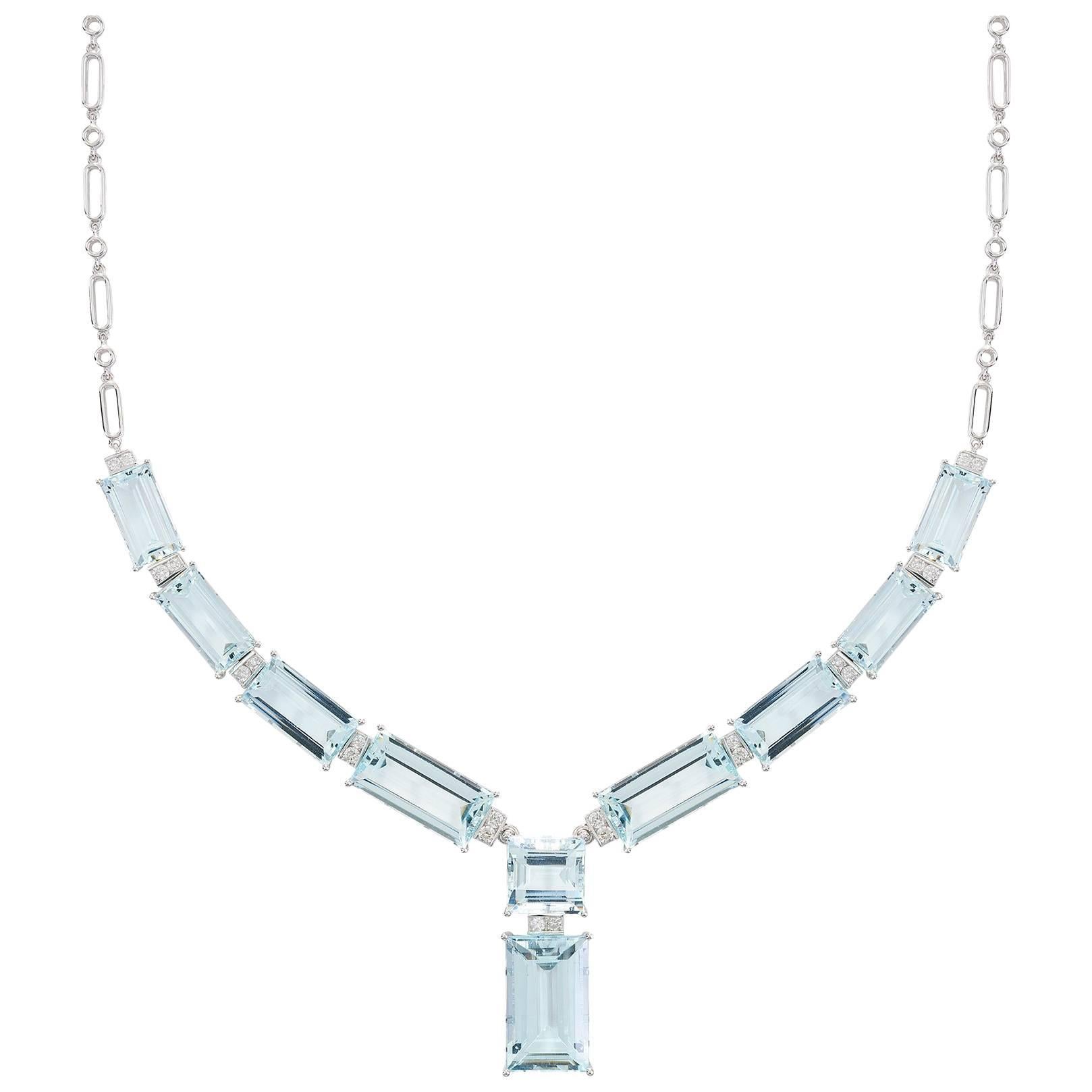 45.89 Carat Aquamarine Diamond Necklace 18 Carat White Gold Art Deco Style  For Sale