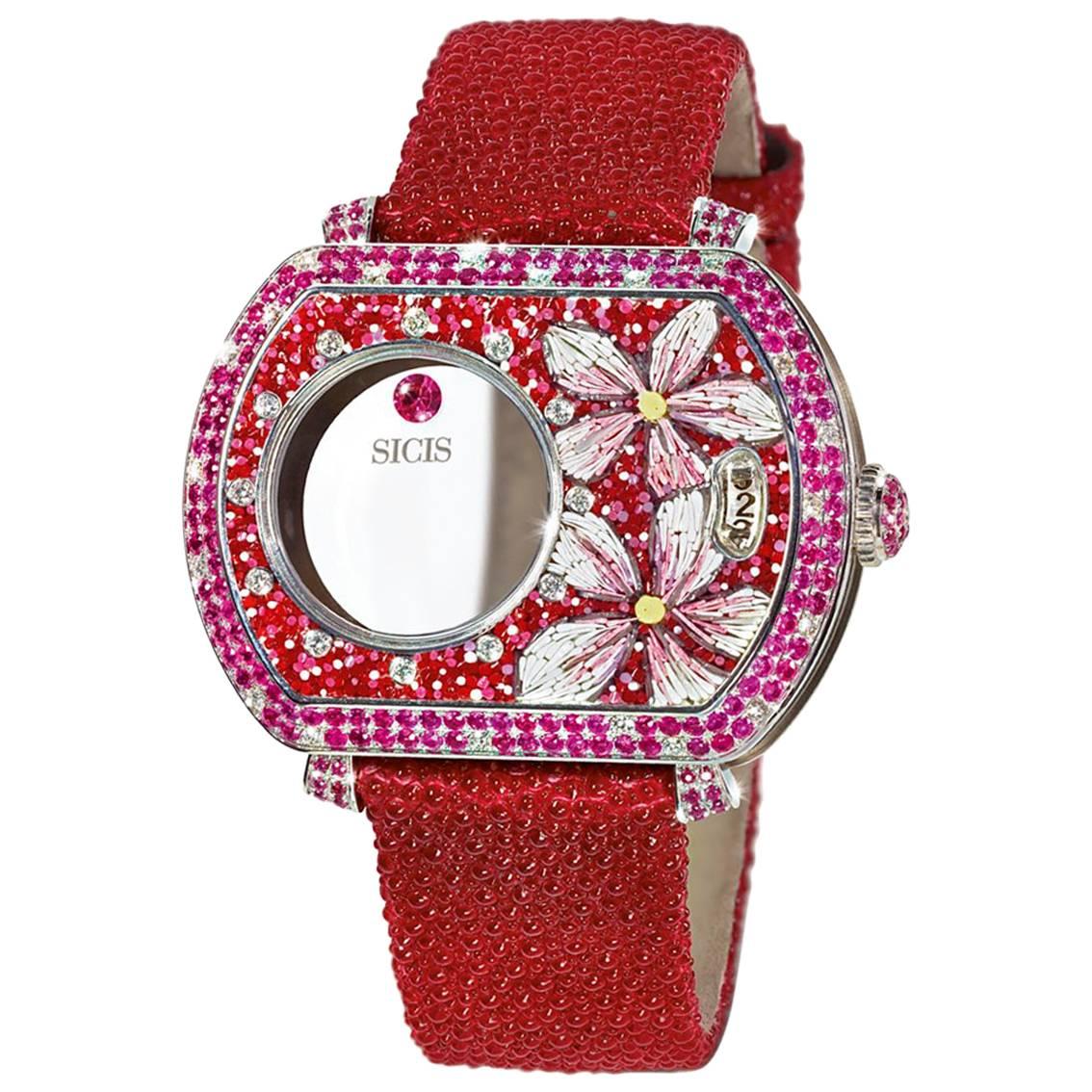 Automatic Wristwatch White Gold White Diamonds Ruby Hand Decorated Micromosaic For Sale