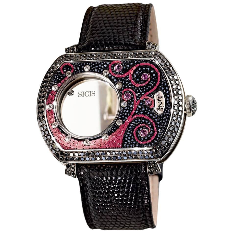 Automatic Wristwatch White Gold White & Black Diamond Sapphire Micromosaic 