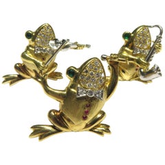 Vintage E. Wolfe Musical Frog Band Trio Platinum Gold Diamond Emerald Ruby Pin Set