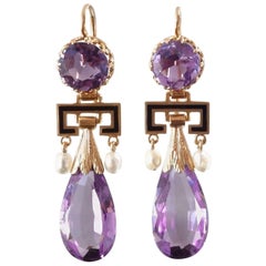 Antique Victorian Amethyst Pearl Enamel Gold Drop Earrings, France, 1860s-1870s