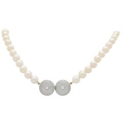 14 Karat Two-Tone Cultured Pearl Necklace with Custom-Made Diamond Pendant