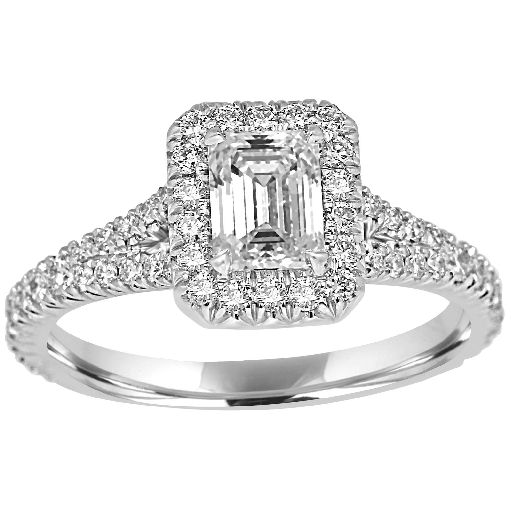 GIA Certified 0.70 Ct Emerald Cut Diamond Halo Platinum and Gold Engagement Ring