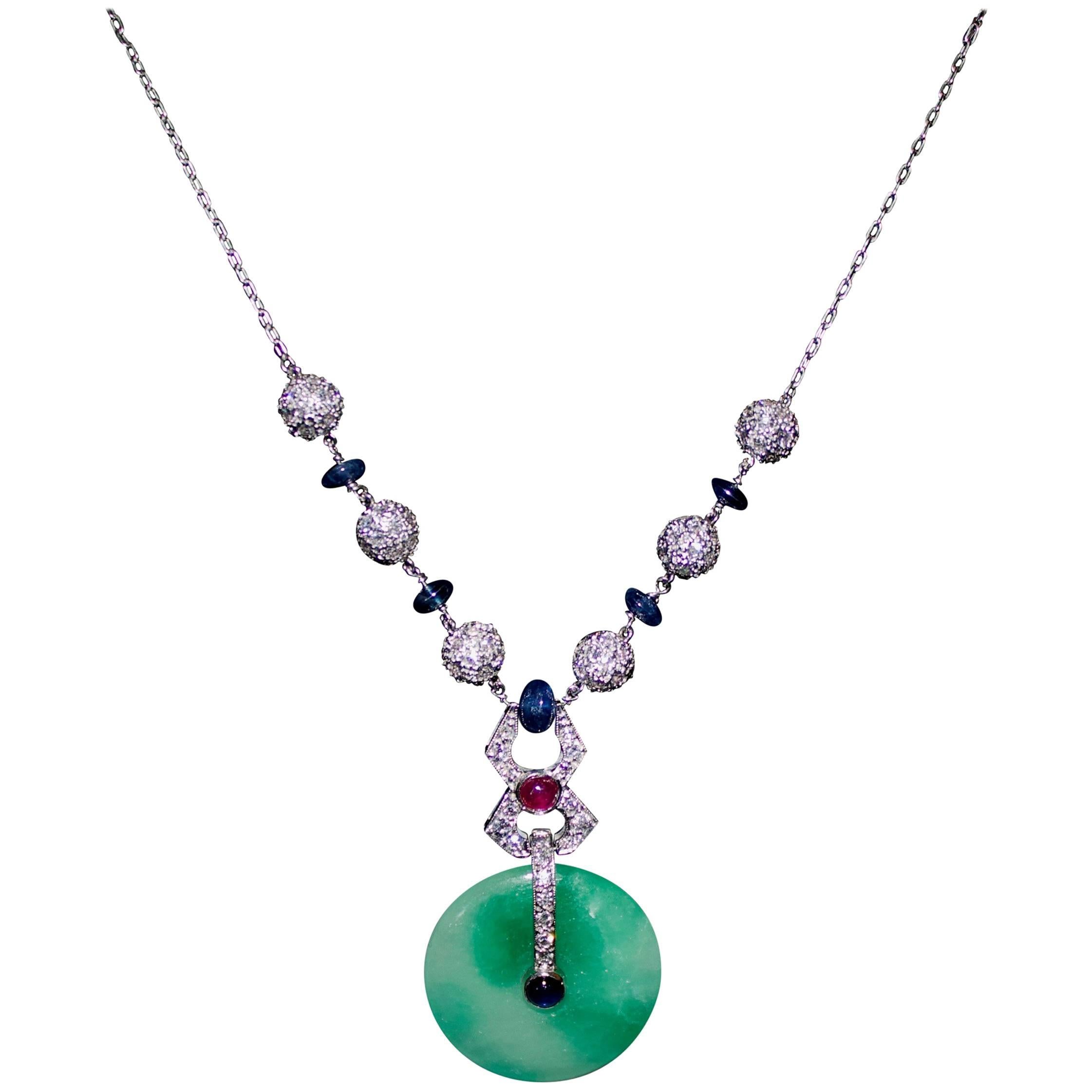 Jadeite, Diamond, Ruby and Sapphire Necklace