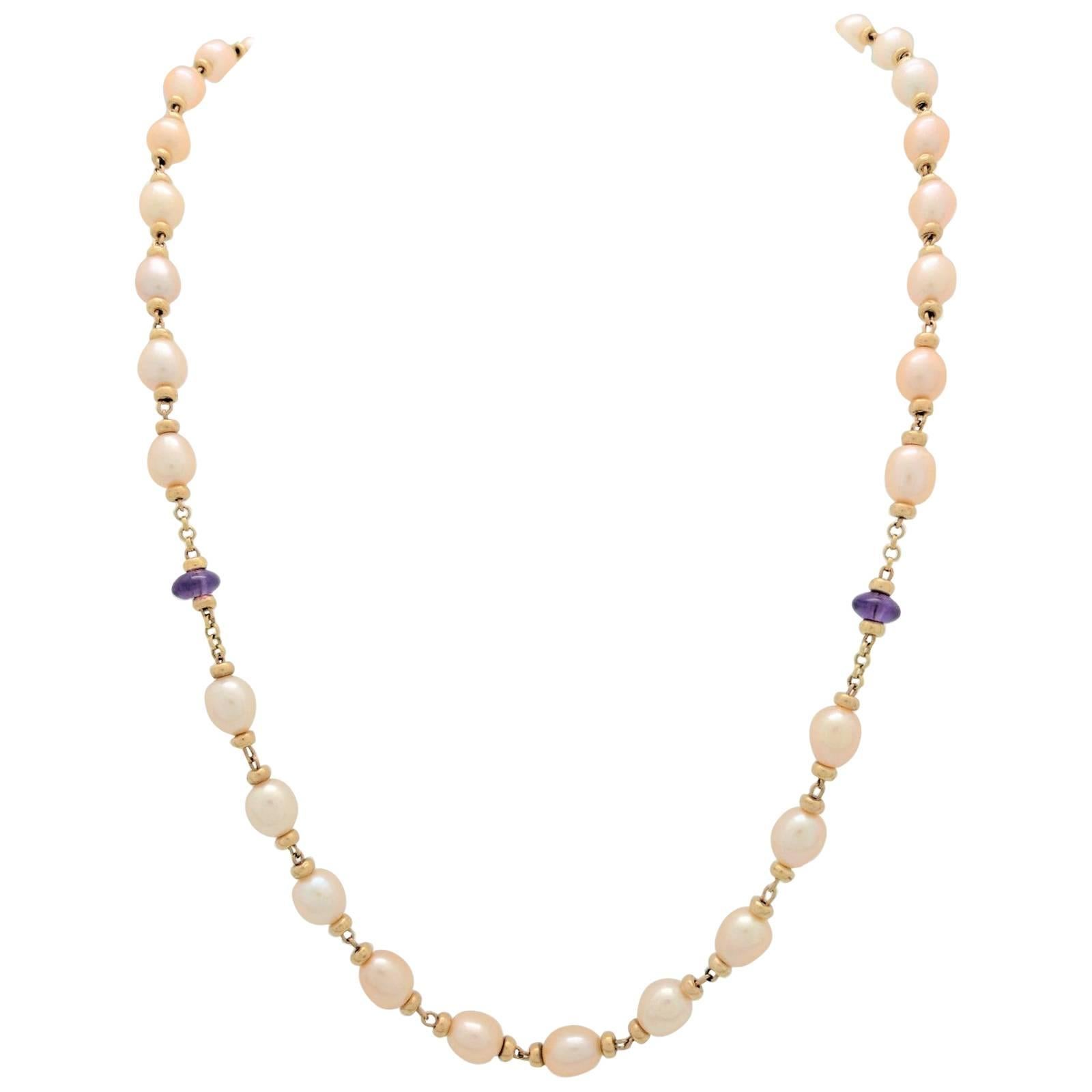 10 Karat Yellow Gold Beaded Cultured Pearl and Amethyst Necklace For Sale