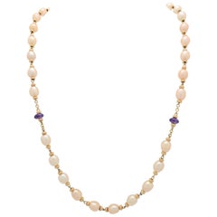 10 Karat Yellow Gold Beaded Cultured Pearl and Amethyst Necklace