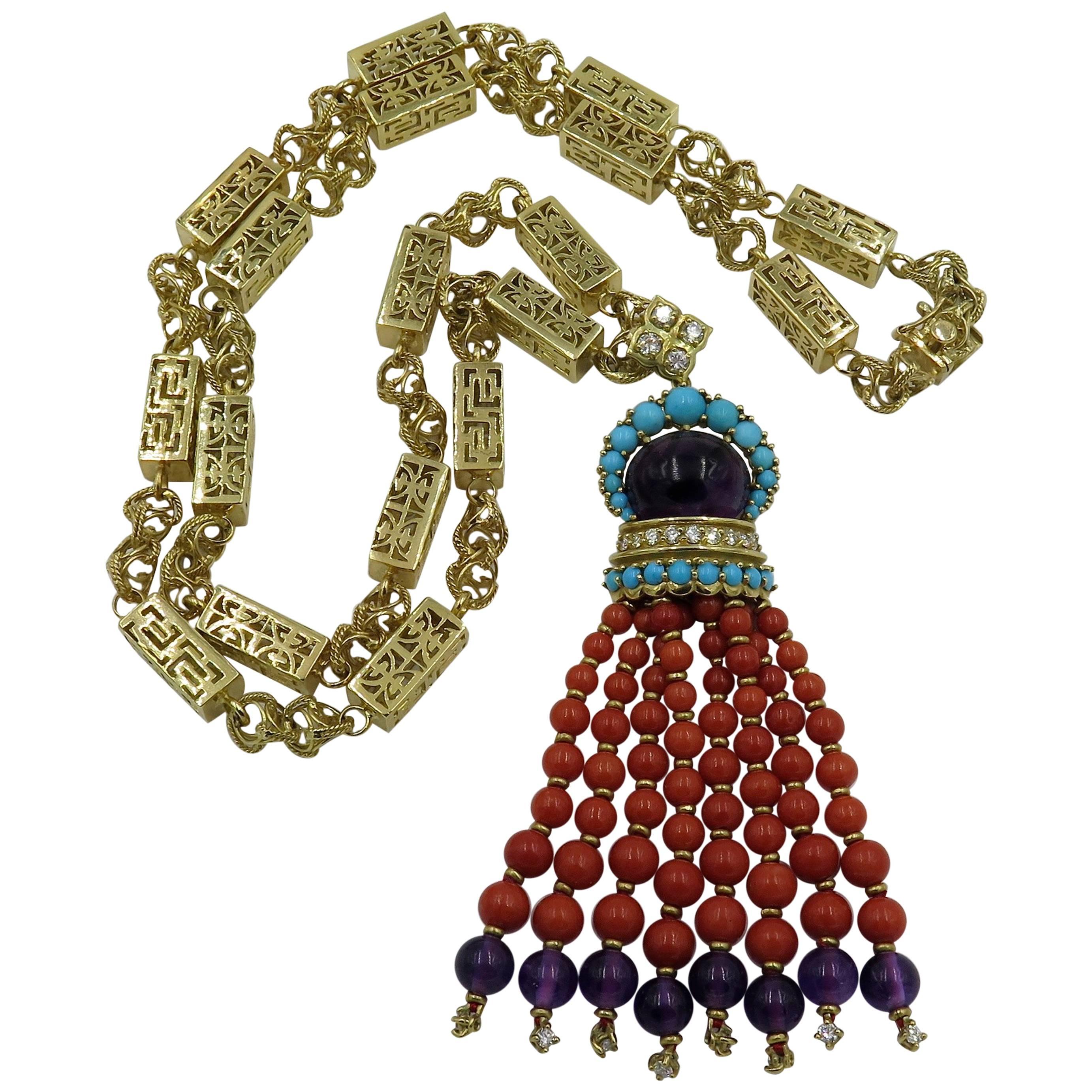 Gold, Gem Set and Diamond Tassel Pendant Necklace