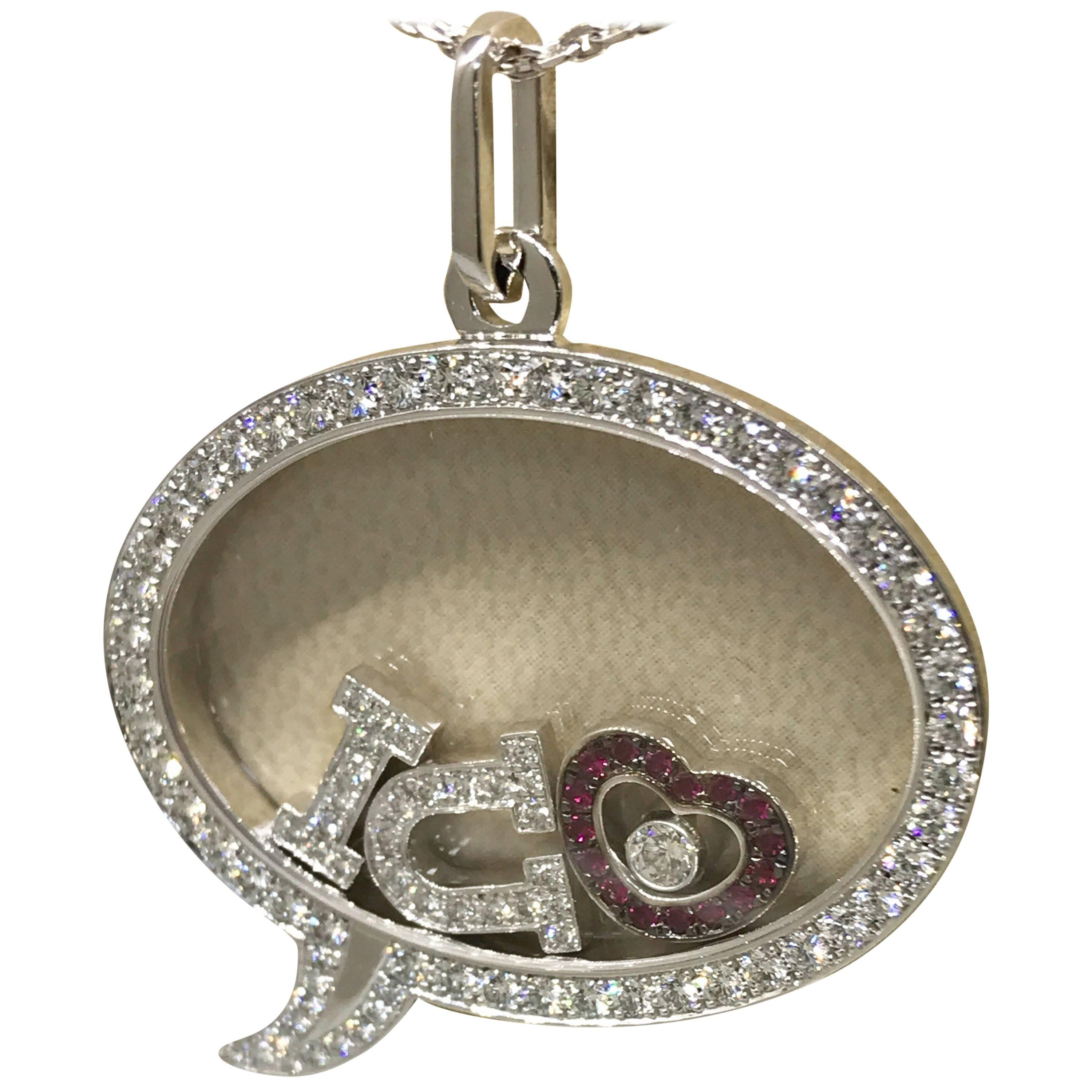 Chopard Happy Diamonds White Gold Diamond and Rubies "I Love U" Pendant Necklace For Sale
