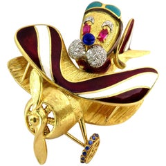 Colossal Dog Aviator Flying Airplane Sapphire Rubies Diamonds Gold Pin Brooch