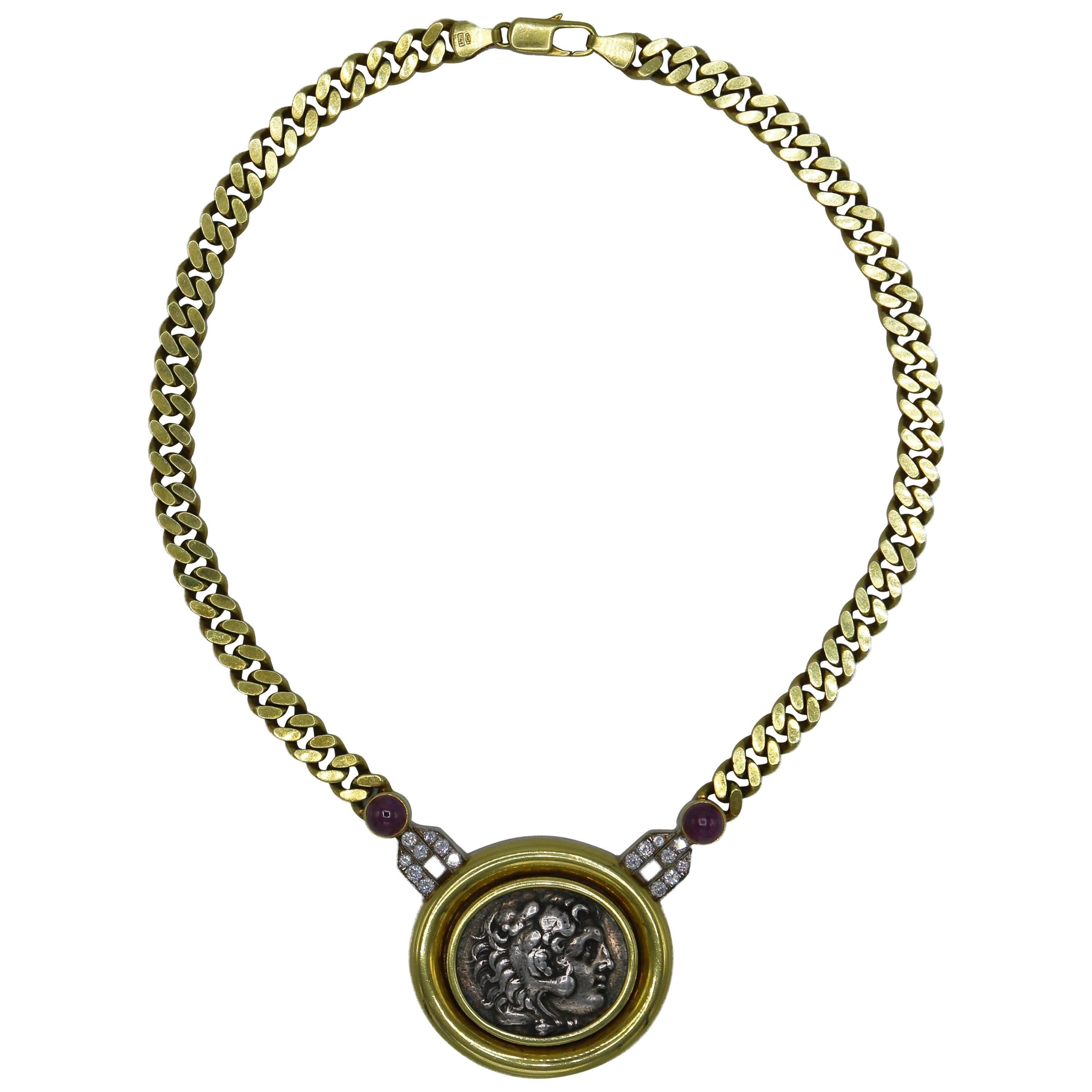Italian Ancient Roman Coin, Ruby and Diamond Necklace