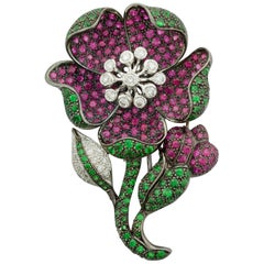 Multicolored Flower Brooch in 18 Karat Oxidized White Gold