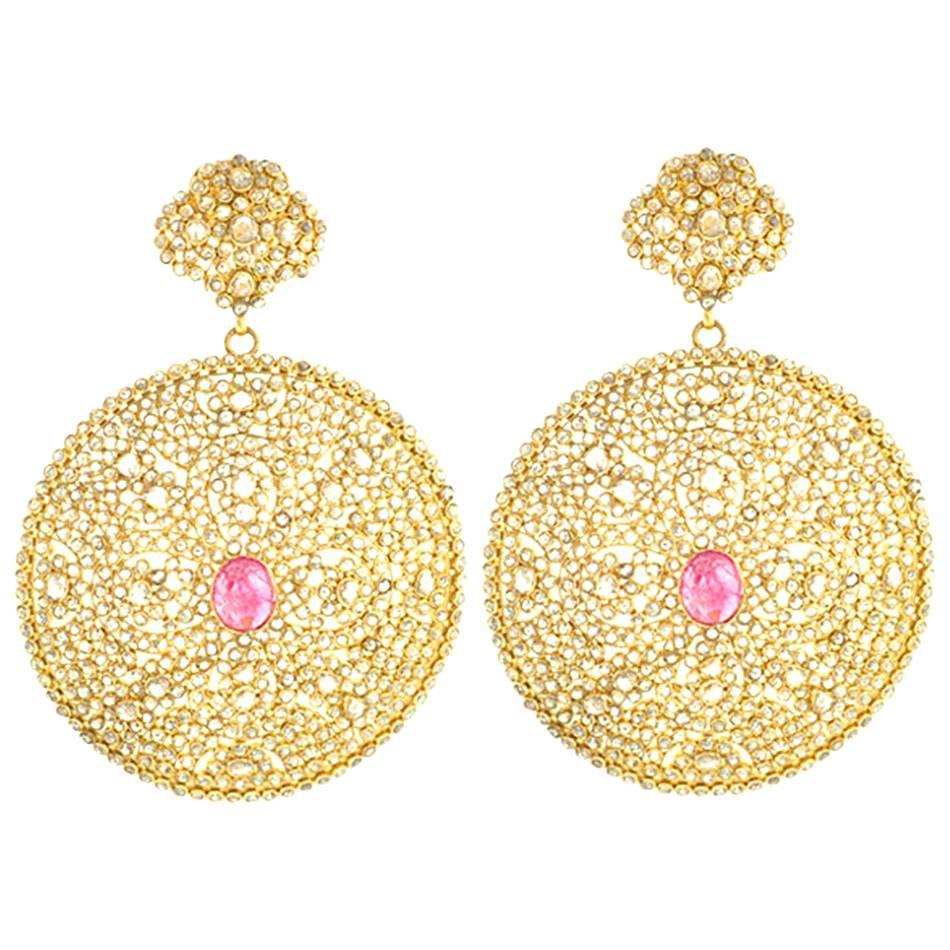 Diamond and Gold Earring with Tourmaline in Centre