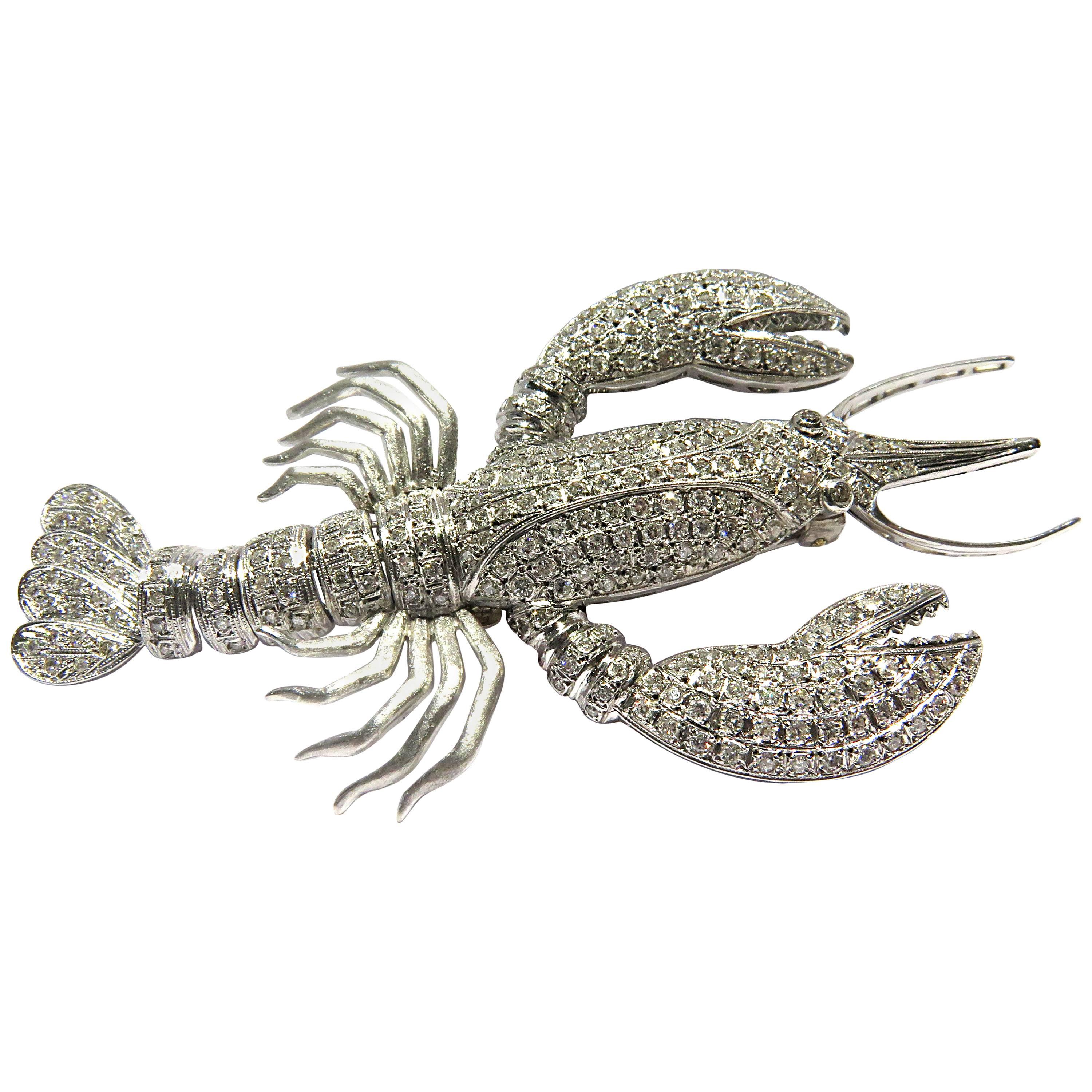 Huge Movable Diamond Lobster White Gold Pin For Sale