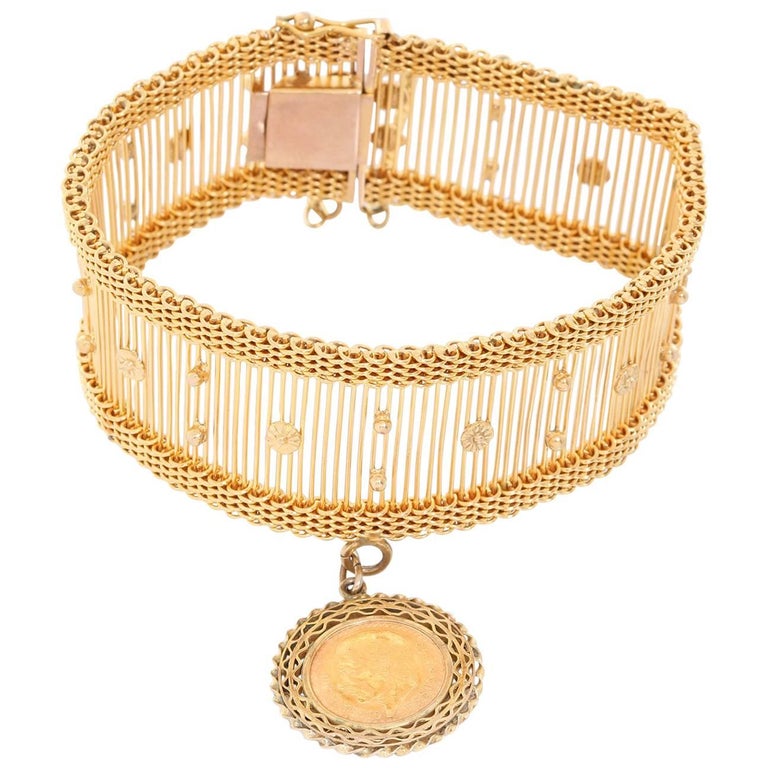 14 Karat Yellow Gold Bracelet with Mexican Peso Charm For Sale at 