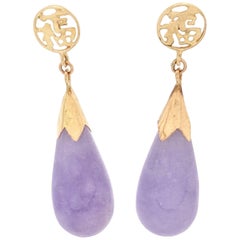 Vintage 14 Karat Yellow Gold Purple Jade Dangle Drop Earrings 4.4 Grams