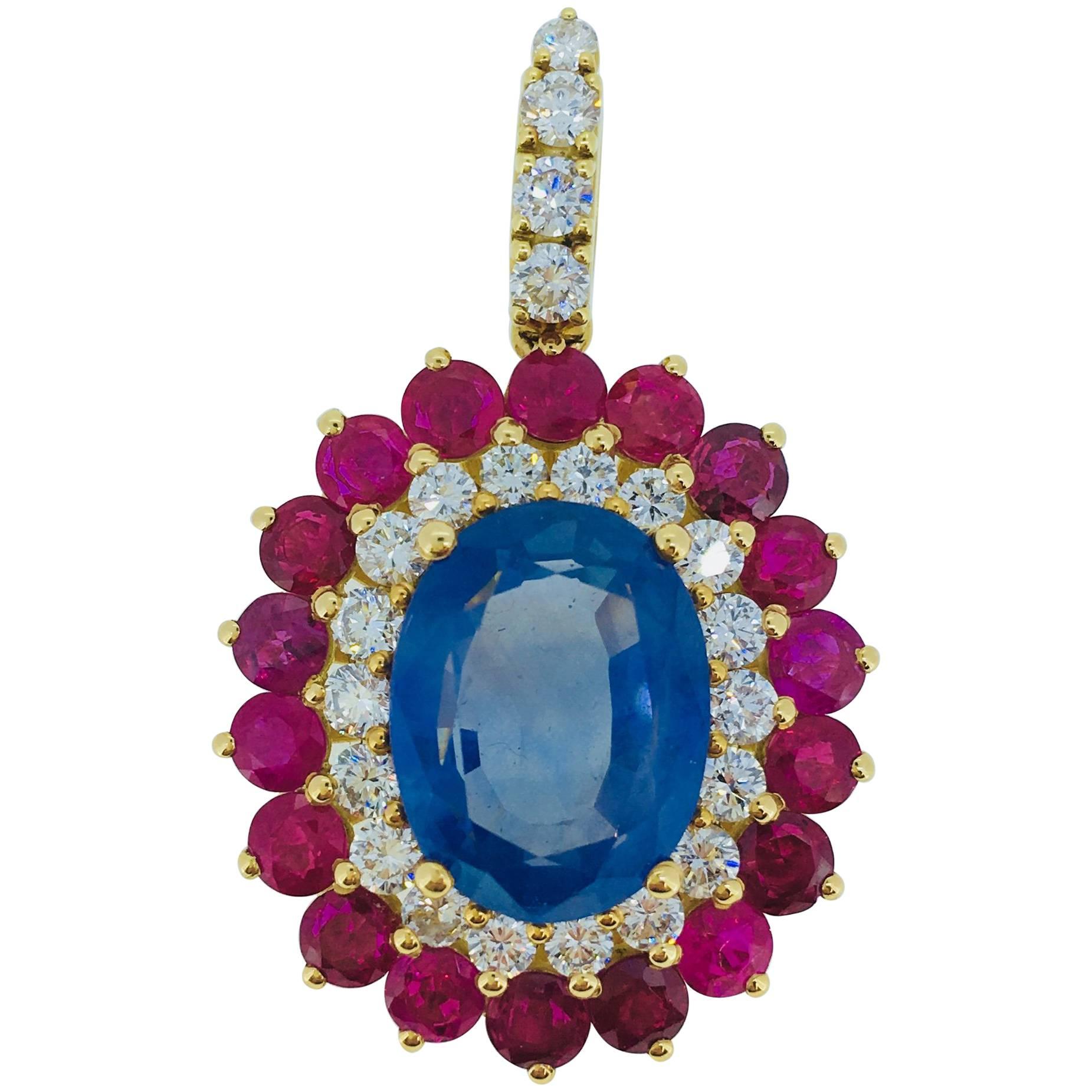 12.14 Carat Ceylon-Sapphire Burma-Rubies Pendant For Sale