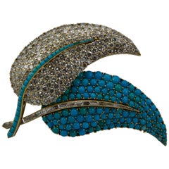 1950 Yellow Gold Diamonds and Turquoise Leaves Brooch