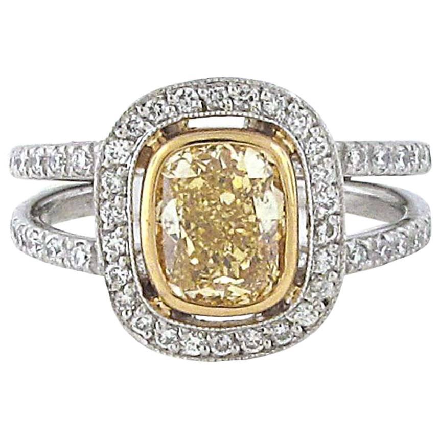 GIA Certificate, 1.42 Carat Fancy Intense Yellow Cushion Diamond Engagement Ring