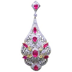 Art Deco Ruby and Yellow Diamond Chandelier Earrings, 7.26 Carat Ruby