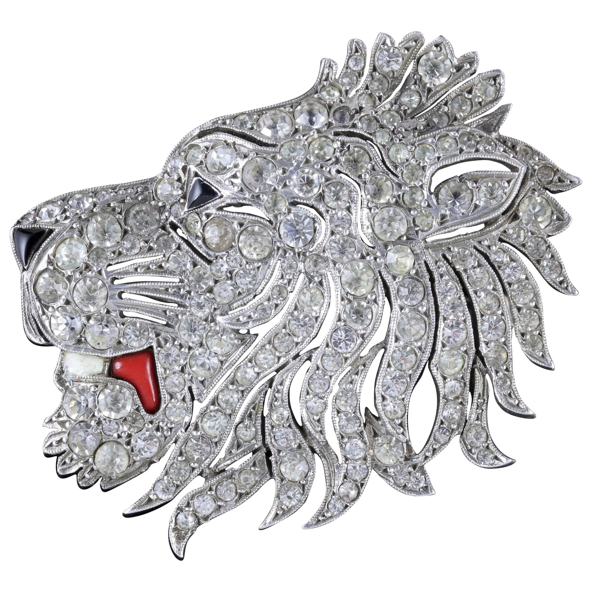 Antique French Lion Brooch Silver Onyx Paste, circa 1860