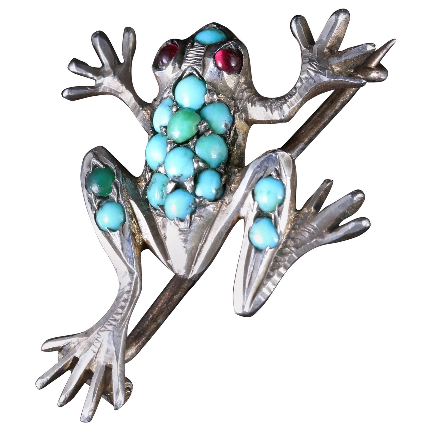 Antique Victorian Turquoise Silver Frog Brooch, circa 1900