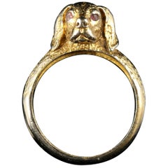 Antique Victorian Gun Dog Ring French Garnet Eyes Silver Gilt, circa 1880