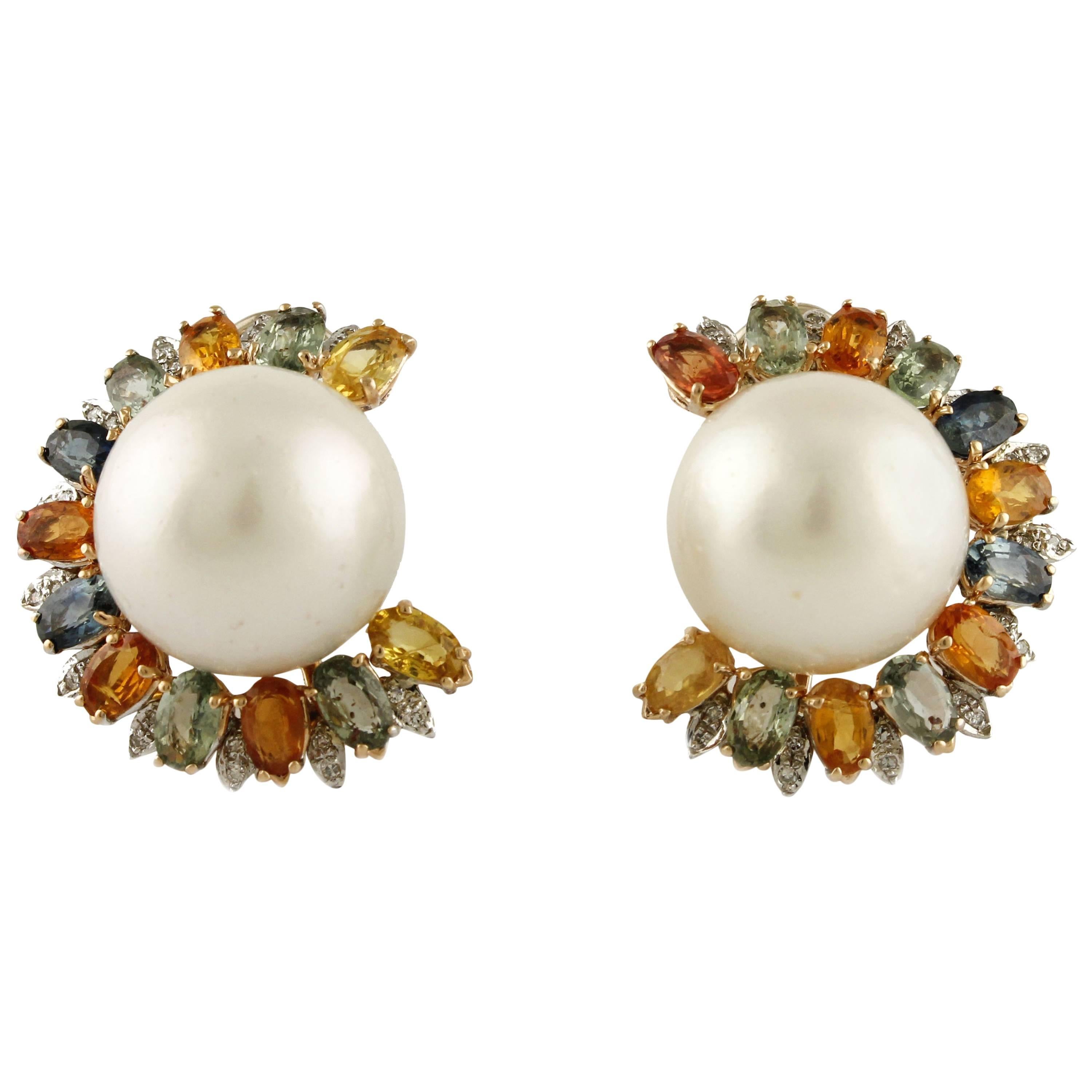 Multicolors Sapphires Diamonds and Australian Pearls Yellow Gold Earrings