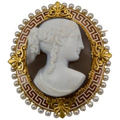 19th Century Yellow Gold, Enamel and Pearl Cameo Brooch Made in France