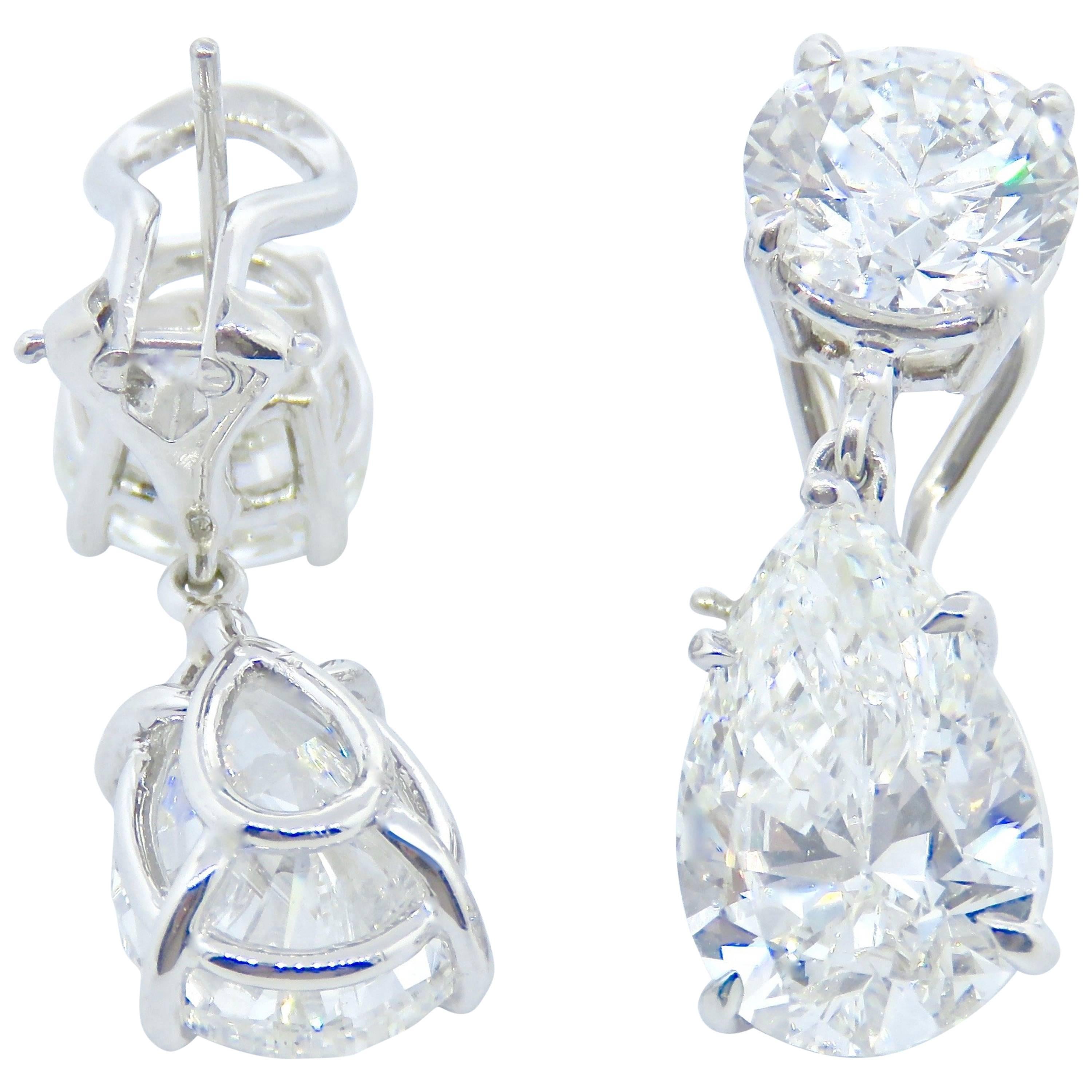 Estate GIA Certified Platinum Diamond Round and Pear Shaped Earrings