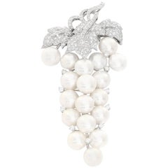 18 Karat White Gold Diamond and Pearl Brooch