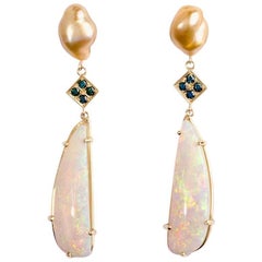 18 Karat Yellow Golden South Sea Pearl and Opal Earrings
