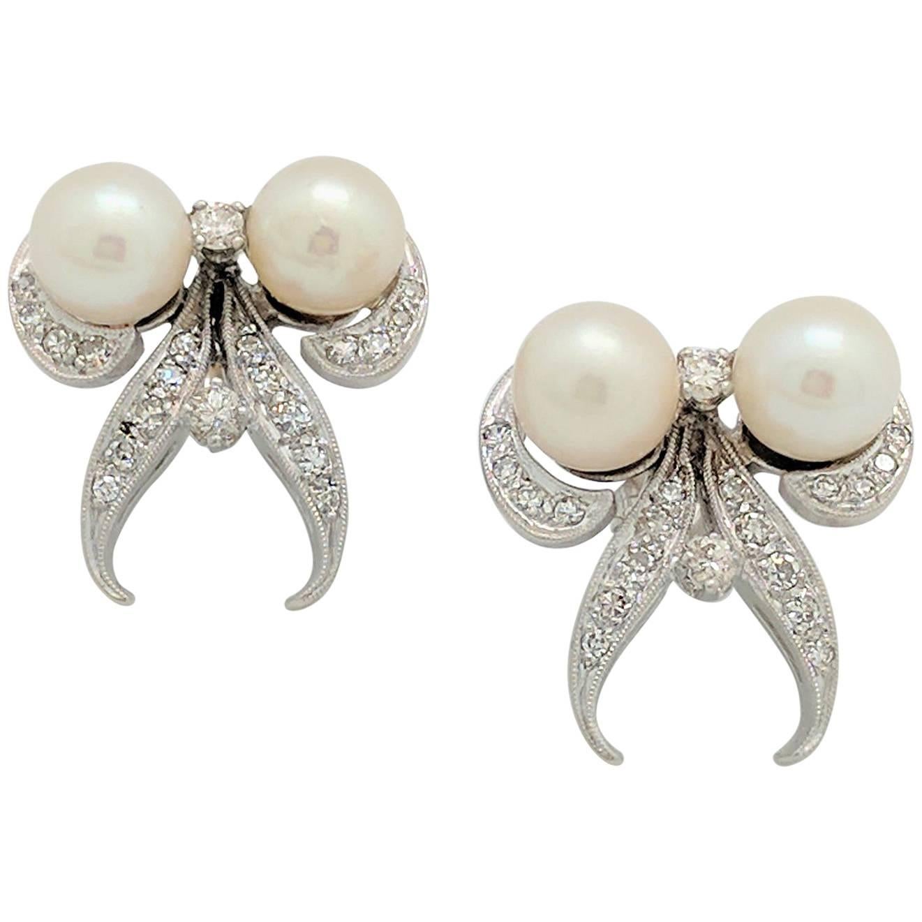 14 Karat White Gold Pearl and Diamond Earrings