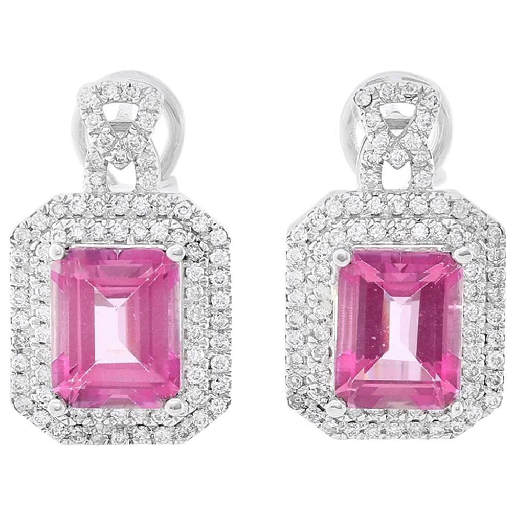 14 Karat White Gold Pink Topaz Diamond Earrings