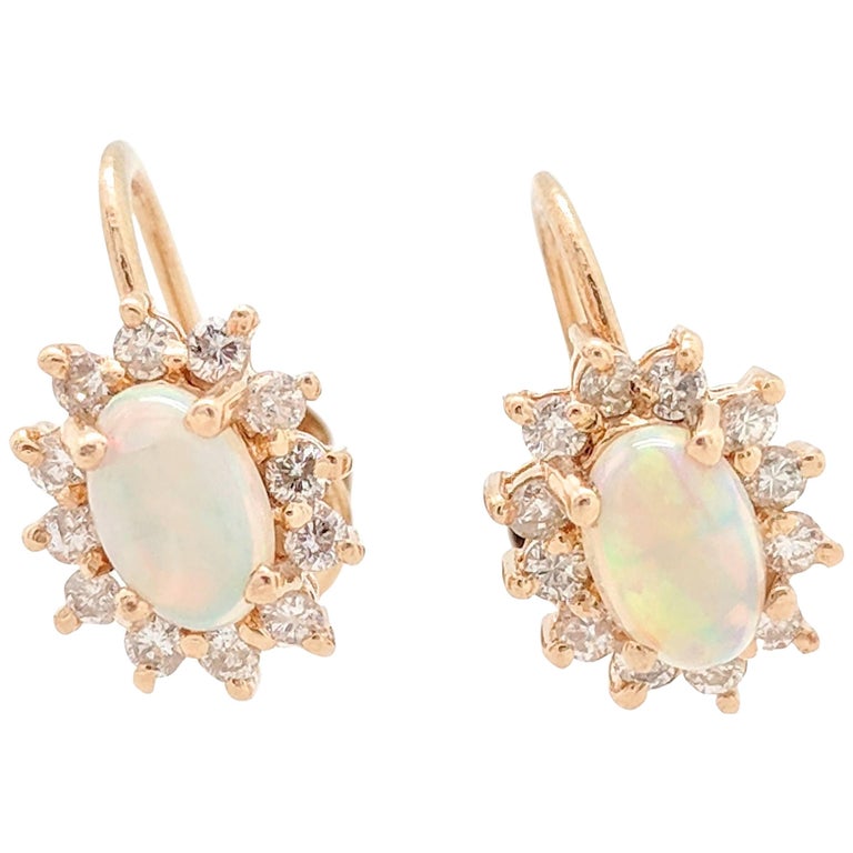14 Karat Yellow Gold 1 Carat Opal and Diamond Screw Back 'NonPierced' Earrings at 1stDibs