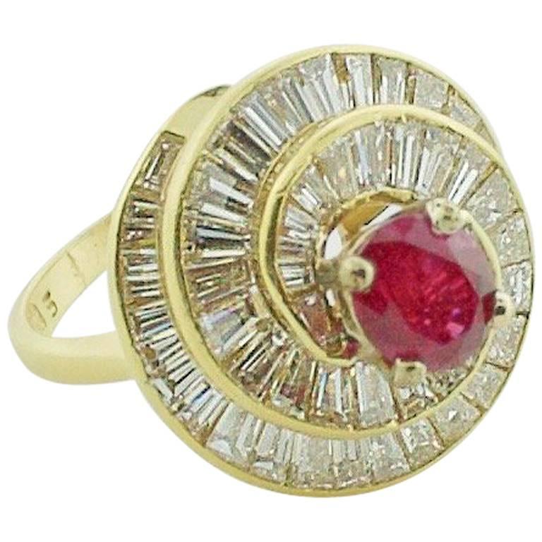 18 Karat Yellow Gold Ruby and Diamond Ring, circa 1970s For Sale