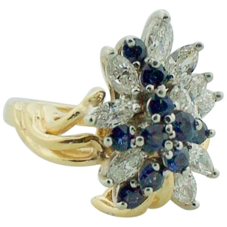 Sapphire and Diamond Cocktail Ring in Yellow Gold For Sale
