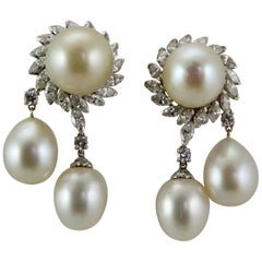 Vintage Elegant 1960 Platinum Pearl and Diamond Pendent Earrings