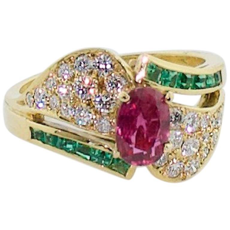 Ruby, Emerald and Diamond "Merry Christmas" Ring in 18 Karat Yellow Gold For Sale