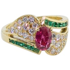 Ruby, Emerald and Diamond "Merry Christmas" Ring in 18 Karat Yellow Gold