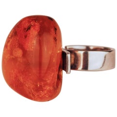 Vintage Baltic Amber Modernist Silver Cocktail Ring, circa 1960