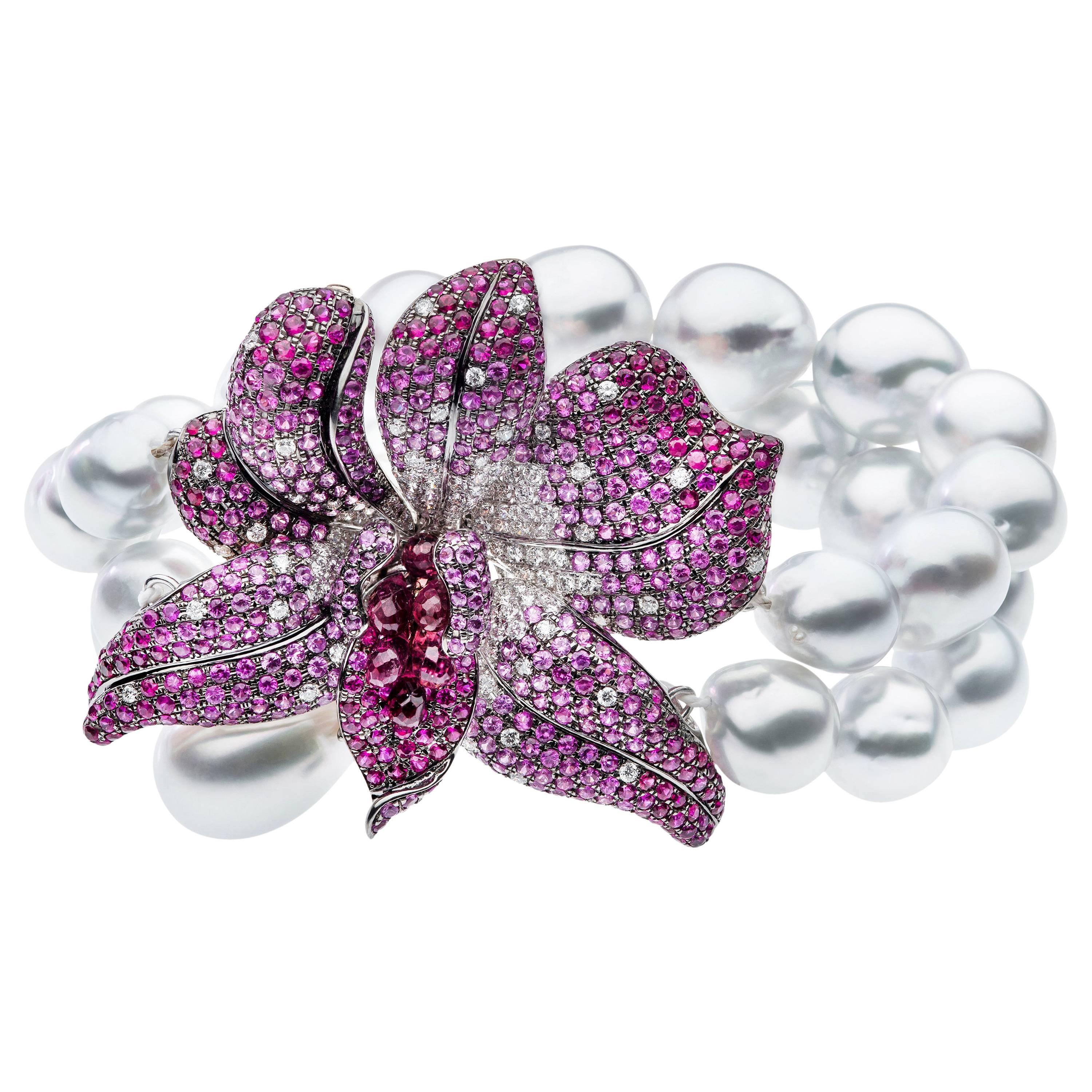 South Sea Pearl Diamond Ruby Bracelet Cuff Bracelet