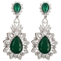 26.64 Carat Emerald Pear Shape and Diamond Dangle Earrings