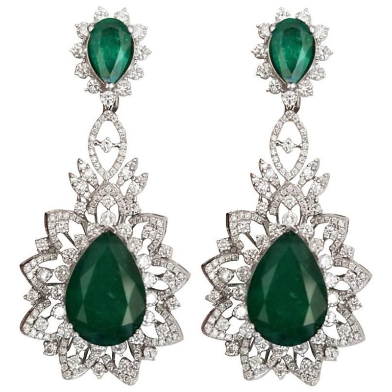 Pear Shaped Untreated Emerald and Diamond Earrings For Sale at 1stdibs