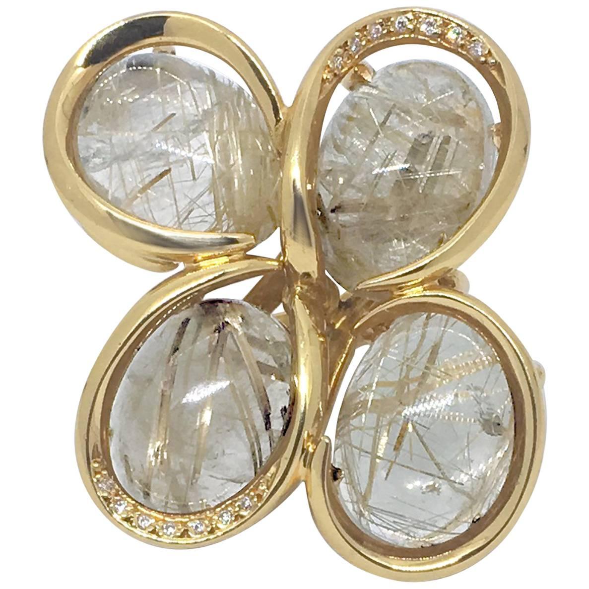 LALAoUNIS One of a Kind 18 Karat Gold Rutilated Quartz Diamond Cocktail Ring For Sale
