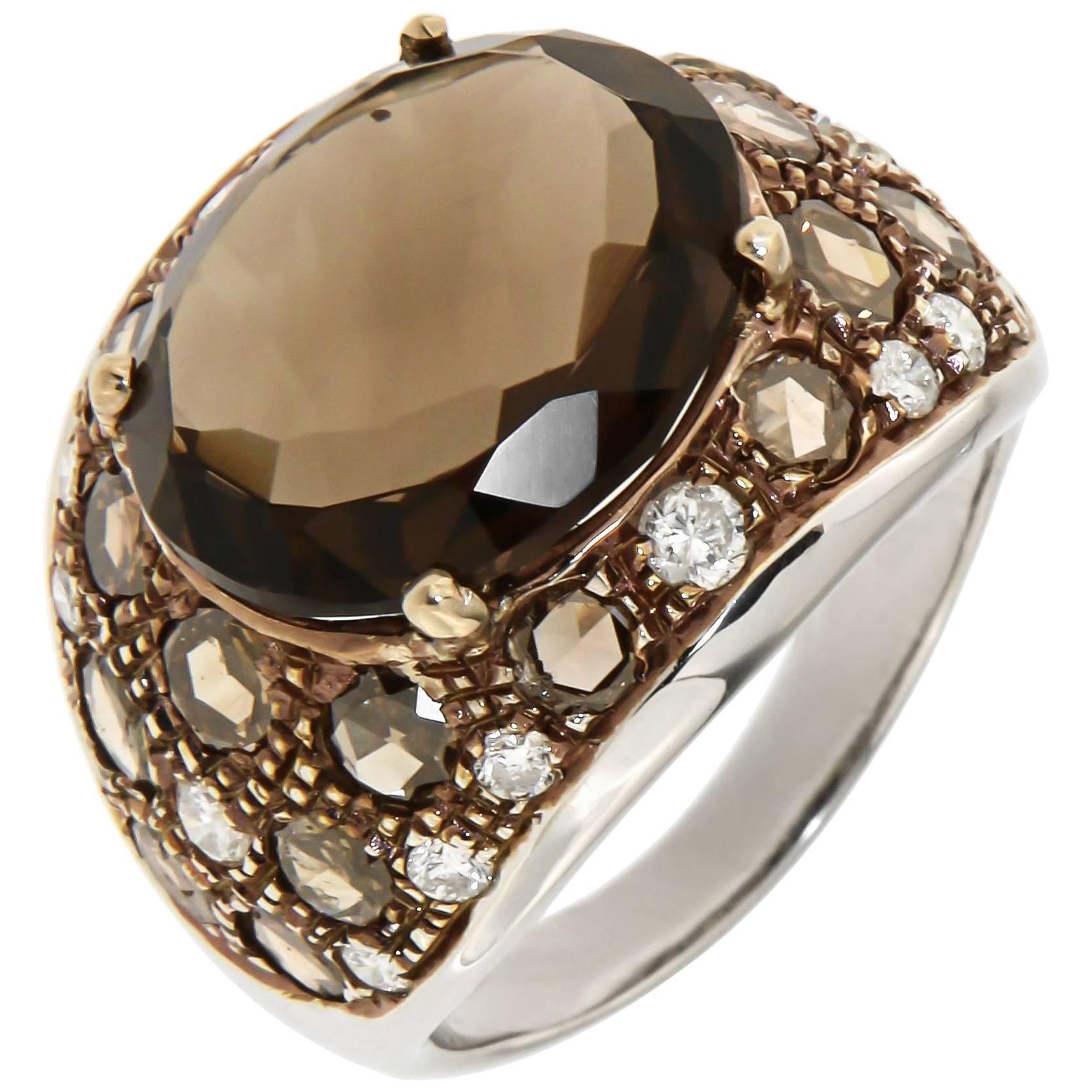 White Brown Diamonds Citrine 18 Karat Gold Cocktail Ring Handcrafted in Italy