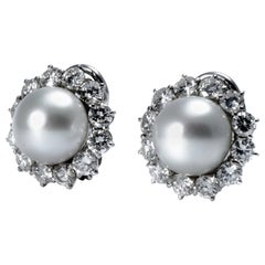 Ansuini Classic 1960 Pearl and Diamond Platinum Studs Earrings
