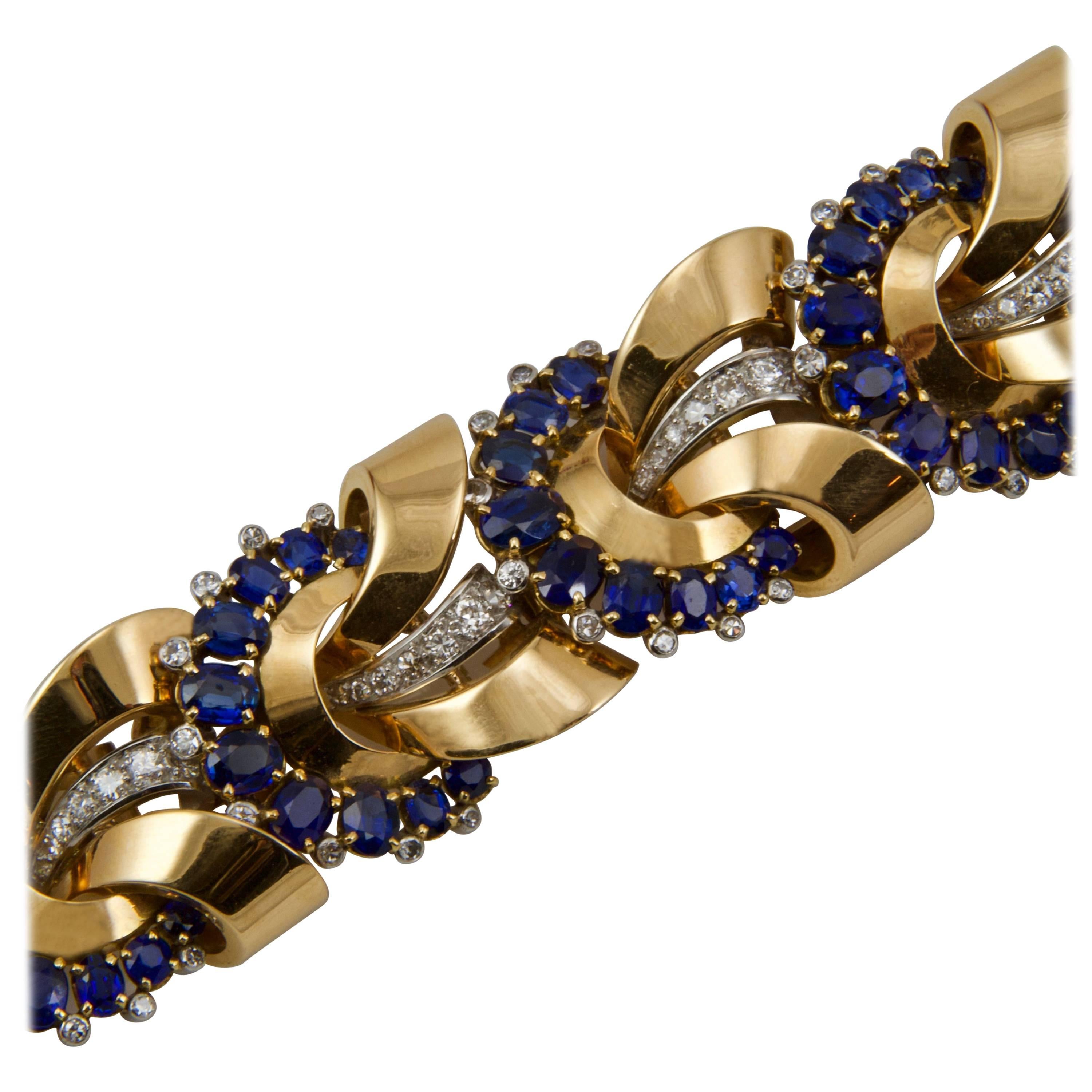  Yellow Gold Sapphires and Diamonds Bracelet circa 1950