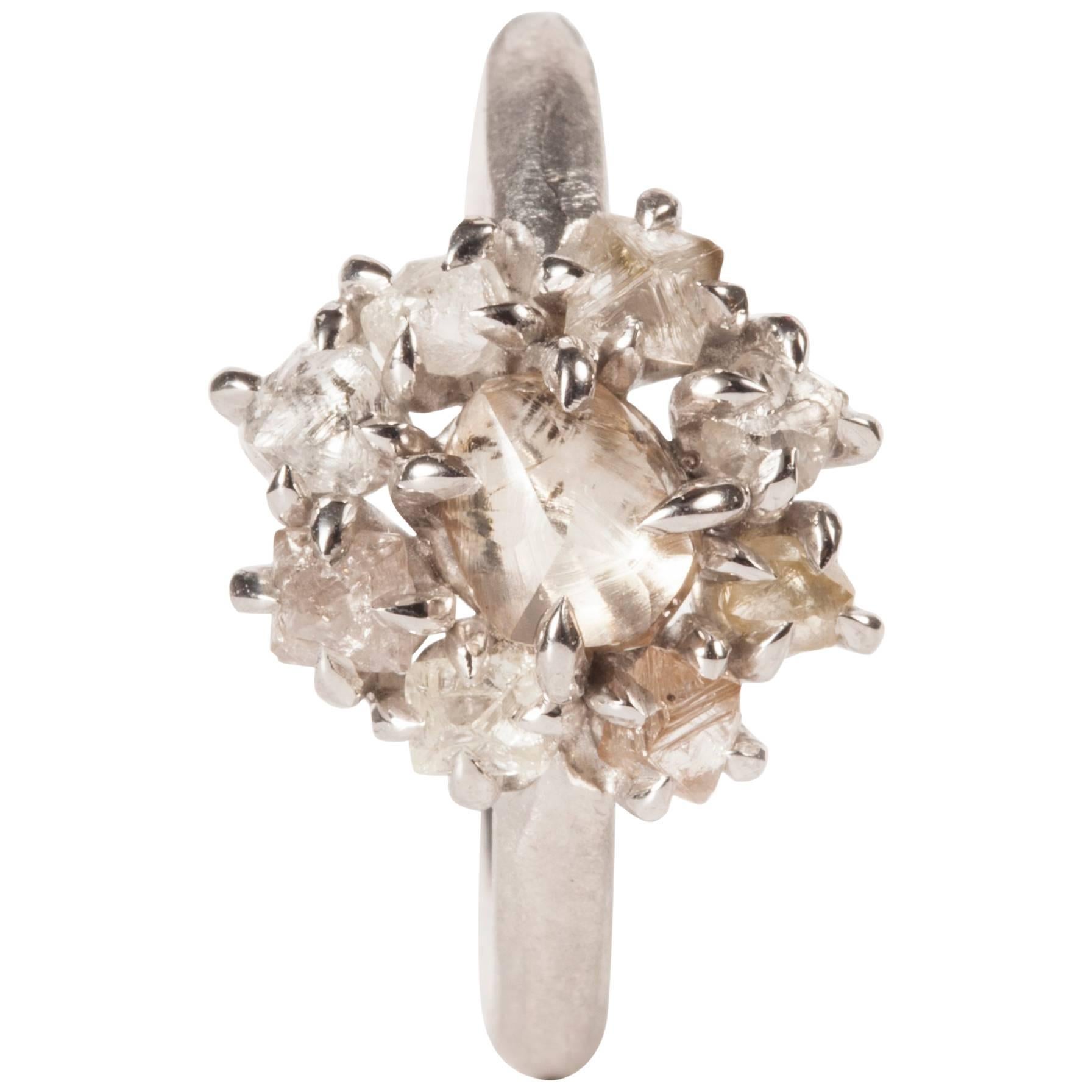 2.29 Carat Rough Light Brown and White Diamonds White Gold Flower Cluster Ring For Sale