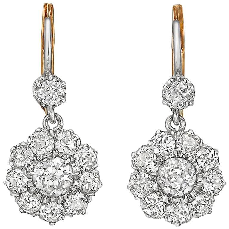 Platinum and Old Mine Diamond Cluster Drop Earrings