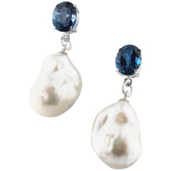 6.68 Carat Blue Topaz and Pearl Sterling Silver Stud Earrings